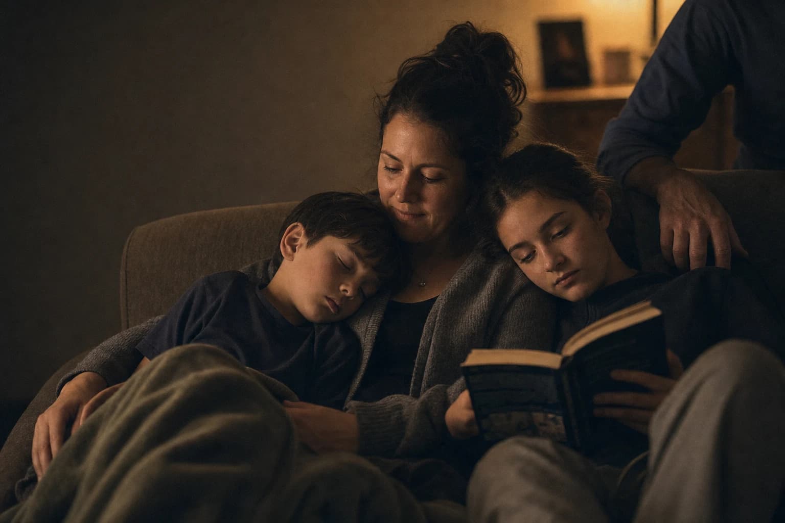 A mother reading with her children in the evening
