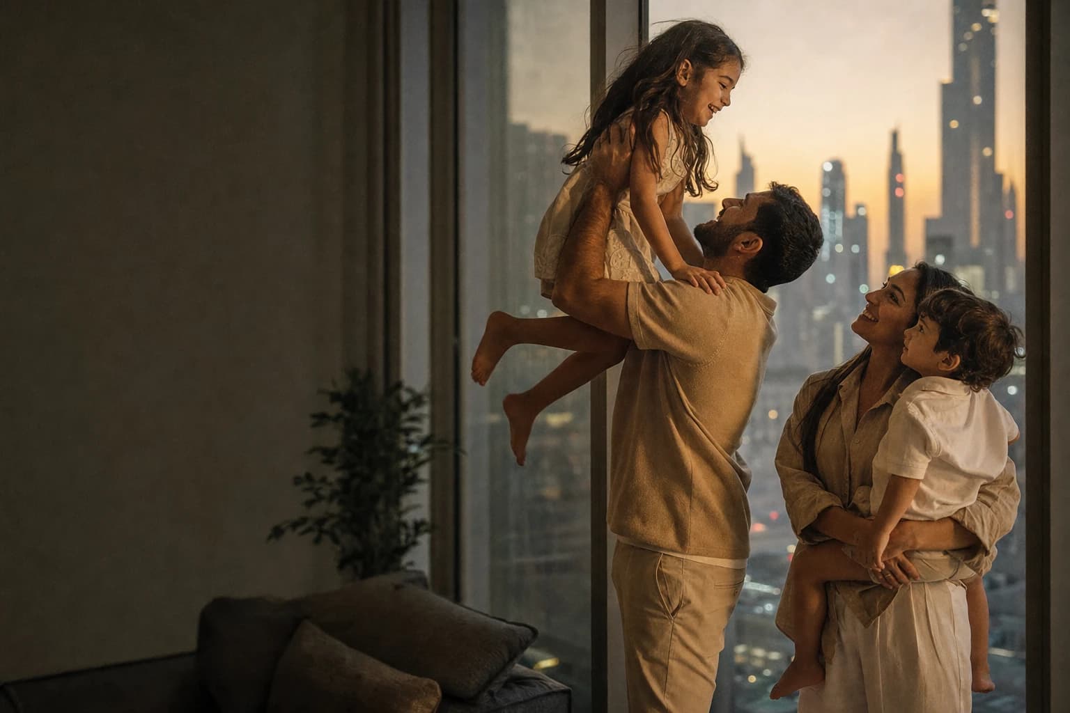 A family together at dusk in their Dubai apartment, the city skyline behind them